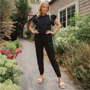 Albion Fit 9 To 9 Ruffle Short Sleeve Jumpsuit Black White Windowpane XS